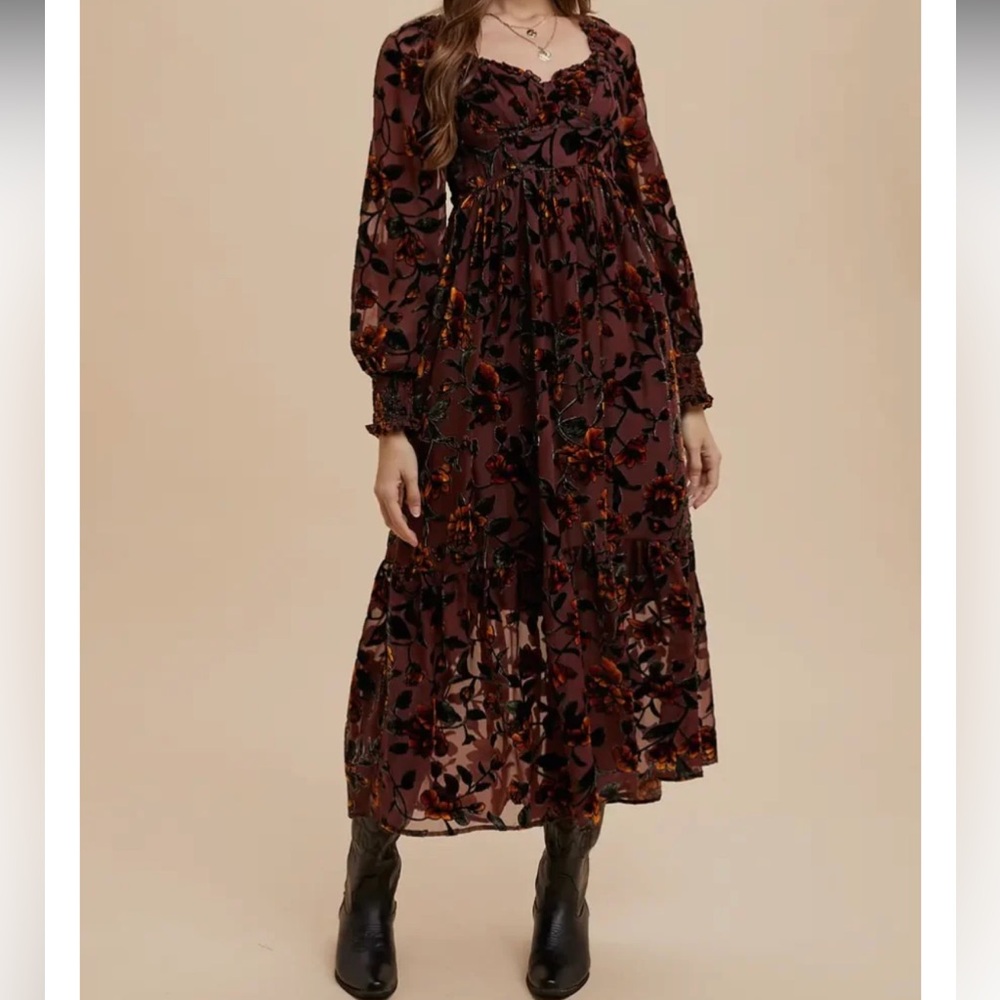 Burgundy and Gold Floral Long Sleeve Dress - Picture 1 of 15
